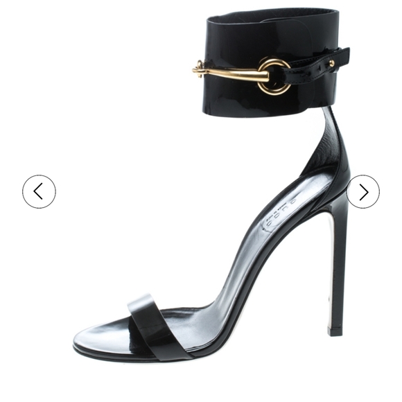 WOMEN'S GUCCI BLACK PATENT LEATHER HORESBIT ANKLE STRAP SHOES SANDALS HEELS BOX - Picture 2 of 14
